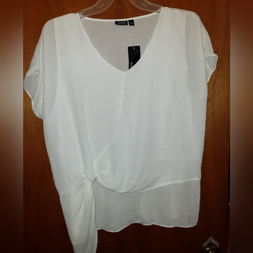 ANA Women's White Asymmetrical Petite Short Sleeve Blouse NWT  V neck